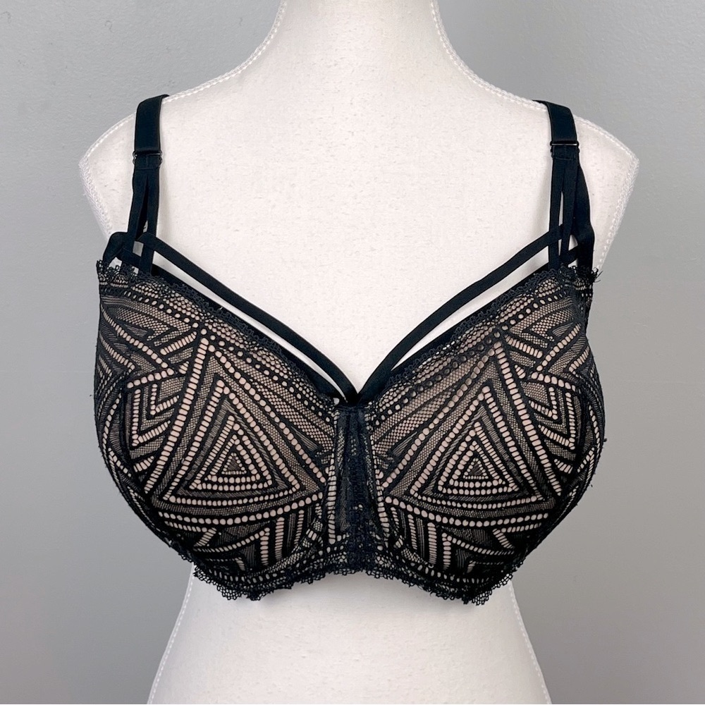Adore Me Trezza Contour Balconette geometric lace strappy neckline bra, 44D.